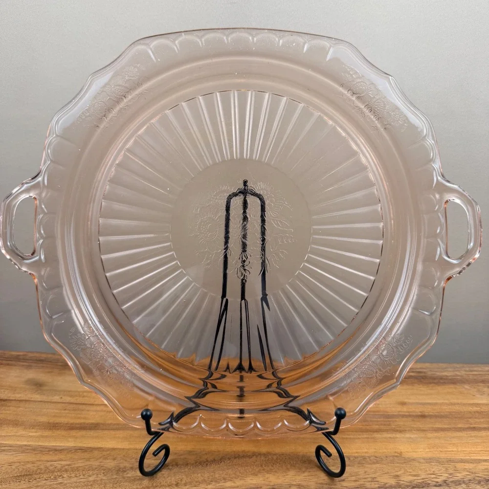 Anchor Hocking Mayfair Open Rose Pink Depression Glass Handled Platter 14 inch